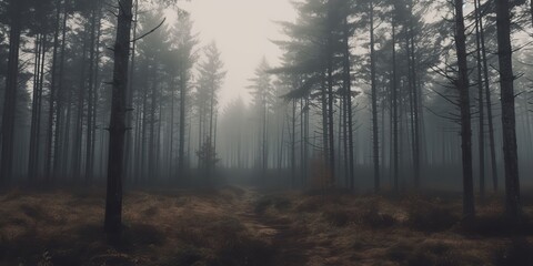 AI Generated. AI Generative. Mist magic fog night dark forest tree jungle landscape background. Scary nature outdoor adventure explore travel vibe style. Graphic Art