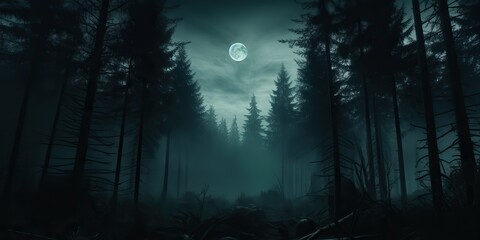 AI Generated. AI Generative. Mist magic fog night dark forest tree jungle landscape background. Scary nature outdoor adventure explore travel vibe style. Graphic Art