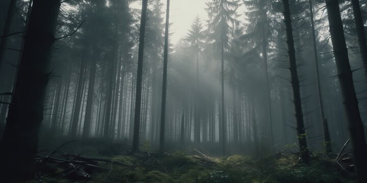 AI Generated. AI Generative. Mist magic fog night dark forest tree jungle landscape background. Scary nature outdoor adventure explore travel vibe style. Graphic Art