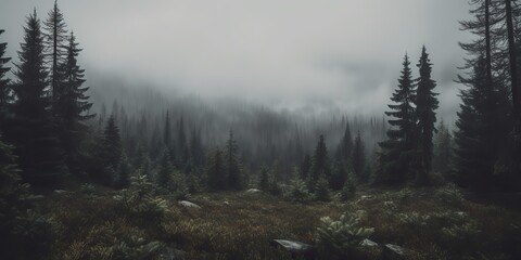 AI Generated. AI Generative. Mist magic fog night dark forest tree jungle landscape background. Scary nature outdoor adventure explore travel vibe style view landmark