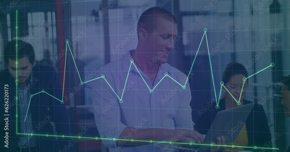 Poster animation of dots forming graph over grid pattern against caucasian man standing and using laptop