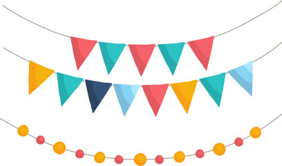 Flags and light bulbs for birthday. Festive decorations for holiday or festival. Vector - obrazy, fototapety, plakaty