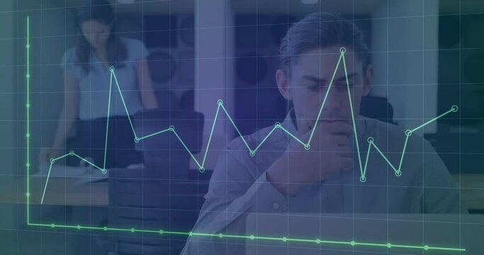 Animation of dots forming graph over grid pattern against middle eastern man working at office