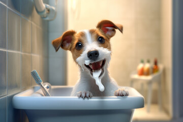 Cute dachshund dog bathes in the bath Generative AI