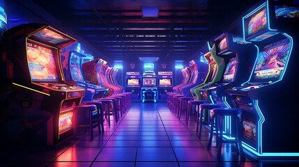a room with many arcade games - obrazy, fototapety, plakaty