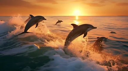 Foto op Plexiglas a group of dolphins jumping out of the water at sunset © KWY