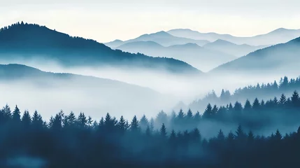 Foto op Plexiglas a foggy forest with mountains in the background © KWY
