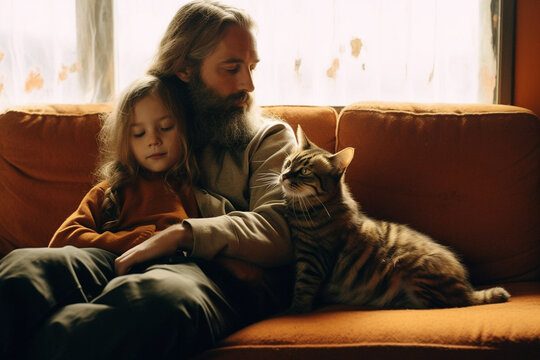 Daddy with little girl petting cat sitting on sofa Generative AI