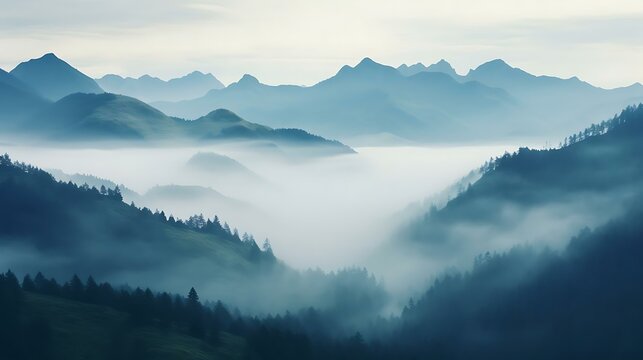 a foggy valley with trees and mountains in the background