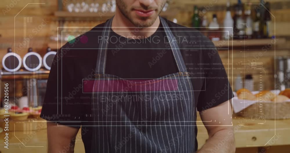 Poster animation of processing data with loading bar over caucasian man using digital tablet in cafe