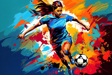 Woman football player in sportwear in action, abstract background with space for text. Concept of healthy lifestyle, sport, motion, movement.