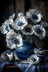 White Anemone Flowers in a Blue Vase - Floral Elegance
Floral elegance illustration featuring beautiful white anemone flowers arranged in a blue vase.