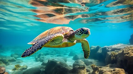 Obraz premium a turtle swimming in the water
