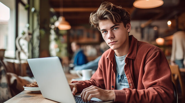 Young Man Working On Laptop, Boy Freelancer Or Student With Computer In Cafe At Table Looking In Camera. Model By AI Generative