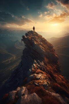 Triumphant Man on Top of the Mountain - Victory Illustration
 Embrace the feeling of success and conquering challenges with this inspiring artwork.