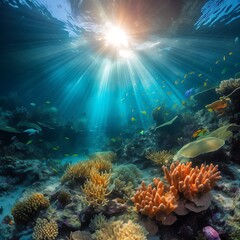 A breathtaking underwater world, filled with vibrant coral reefs, exotic fish, and rays of sunlight piercing the depths - Generative AI
