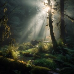 A misty forest scene, with towering trees, a carpet of moss, and rays of sunlight filtering through the canopy - Generative AI