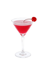 Pink lady cocktail in a glass isolated on white background, Fresh cherry on the rim.