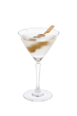 Martini cocktail with olives in a glass isolated on white background.