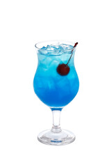 Blue cocktail with ice and cherry in a Poco Grande Glass isolated on white background. Mermaid mule cocktail.