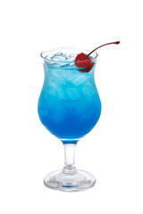 Blue cocktail with ice and cherry in a Poco Grande Glass isolated on white background. Mermaid mule cocktail.