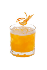 Orange Cocktail with orange peeled and roll in rim glass isolated on white background.