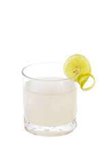 Cocktails and ice spheres (round shape) in glasses with sliced lemon isolated on white background.