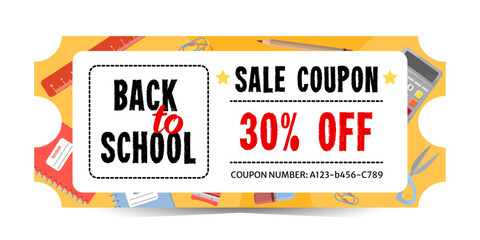 Obraz premium 30% discount coupon template for the back to school sale. Coupon for the purchase of office and school supplies. Isolated on a white background.
