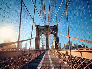 Close-up photo of the Brooklyn Bridge on a sunny day, with an eye-catching and impactful, modern, and artistic style.