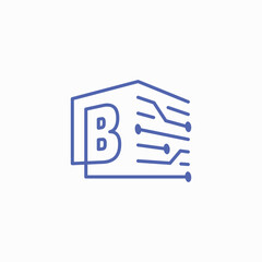 B Letter Tech Electric Circuit cube block Logo Outline Vector Icon Illustration