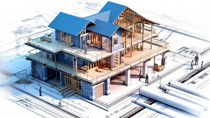 Fototapeta premium Building house on blueprints - construction project.