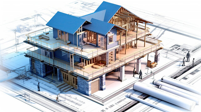 Building house on blueprints - construction project.