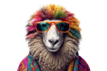 Abstract of fashion style sheep wearing sunglasses portrait isolated on clean png background, sheep fur multi colored colorful on skin body  and hairs paint, with Generative AI.