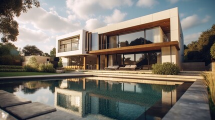 Obraz premium Luxury home with swimming pool . Generative AI