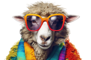 Abstract of fashion style sheep wearing sunglasses portrait isolated on clean png background, sheep fur multi colored colorful on skin body  and hairs paint, with Generative AI.