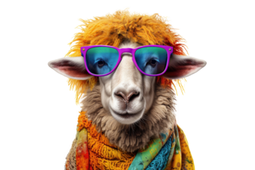 Abstract of fashion style sheep wearing sunglasses portrait isolated on clean png background, sheep fur multi colored colorful on skin body  and hairs paint, with Generative AI.