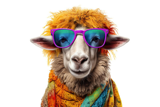 Abstract of fashion style sheep wearing sunglasses portrait isolated on clean png background, sheep fur multi colored colorful on skin body  and hairs paint, with Generative AI.