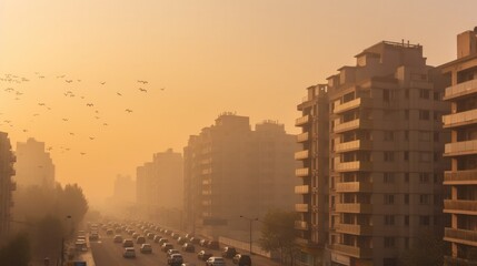 Smog and fine dust covered city in the morning