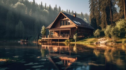 Fototapeta na wymiar Beautiful wooden house near lake