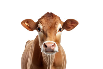Brown Cow or bullock farm portrait looking at camera isolated on clear png background, funny moment, Farmland animals concept, with Generative Ai.
