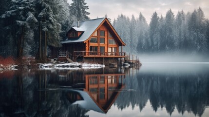 Obraz premium Beautiful wooden house near lake in winter