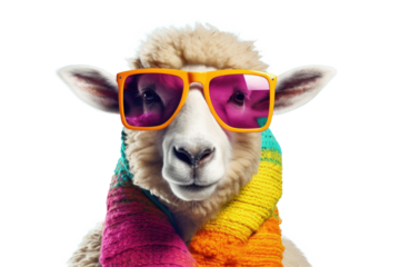 Abstract of fashion style sheep wearing sunglasses portrait isolated on clean png background, sheep fur multi colored colorful on skin body  and hairs paint, with Generative AI.
