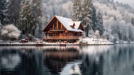 Fototapeta premium Beautiful wooden house near lake in winter