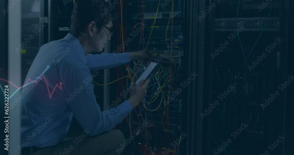 Poster Animation of multiple graphs over caucasian male engineer checking server using smartphone