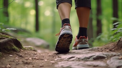 Close-up of a man in sports shoes walking in a city park