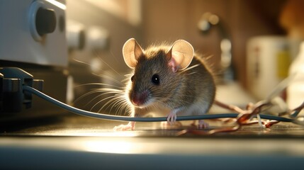 Close up mouse sits near chewed wire in an apartment kitchen