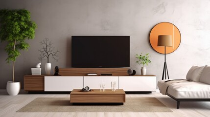 TV with blank screen in stylish home living room
