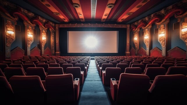 Empty movie theatre interior with screen and seats
