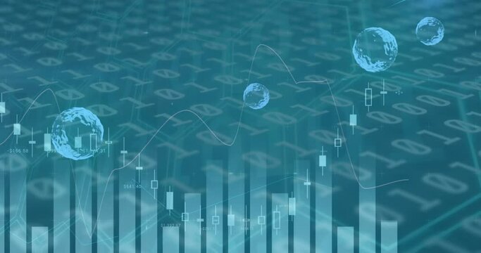 Animation of multiple graphs over globes against binary codes on blue background