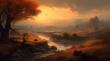 sunset, sky, landscape, sunrise, sun, clouds, nature, cloud, water, mountain, sea, tree, lake, light, evening, morning, view, fog, orange, sunlight, river, beautiful, scene, color, generative, ai